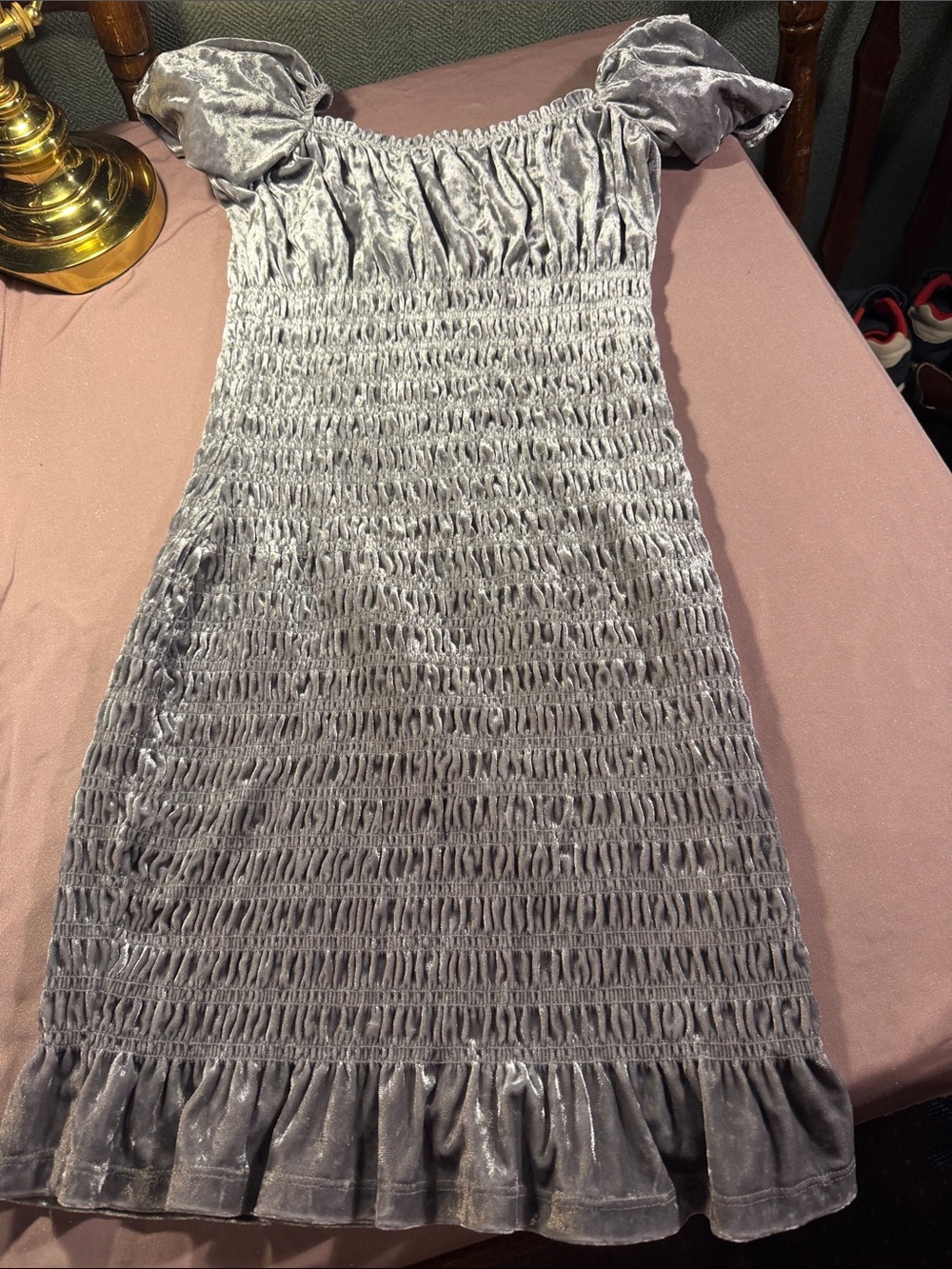 Divided Silver Crushed Velvet Smocked Mini Dress with Puff Sleeves